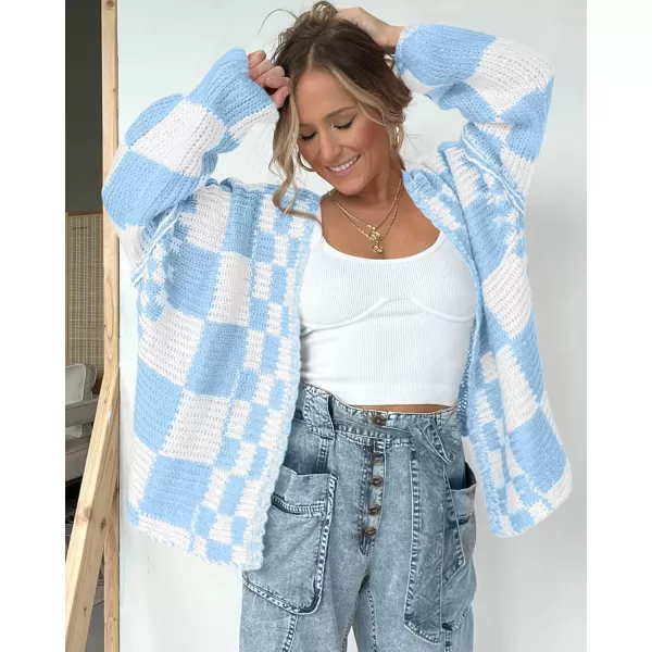 BTFBM Casual Womens Open Front Long Sleeve Chunky Knit Cardigan Sweater Checkered Knit Cardigan Sweaters CoatBlue