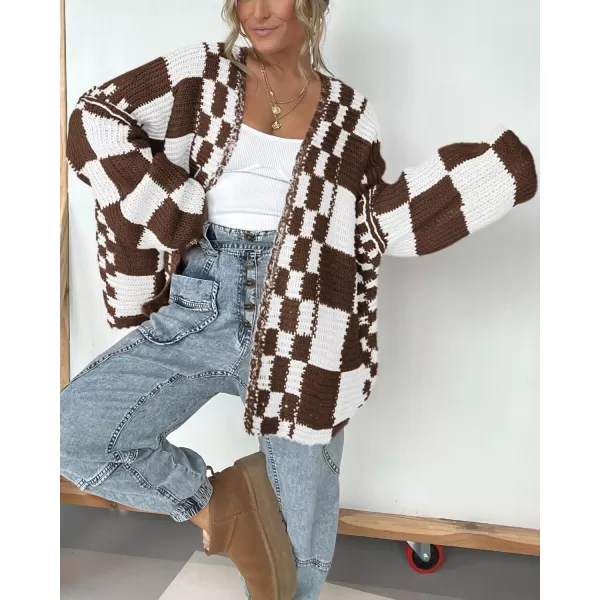 BTFBM Casual Womens Open Front Long Sleeve Chunky Knit Cardigan Sweater Checkered Knit Cardigan Sweaters CoatBrown