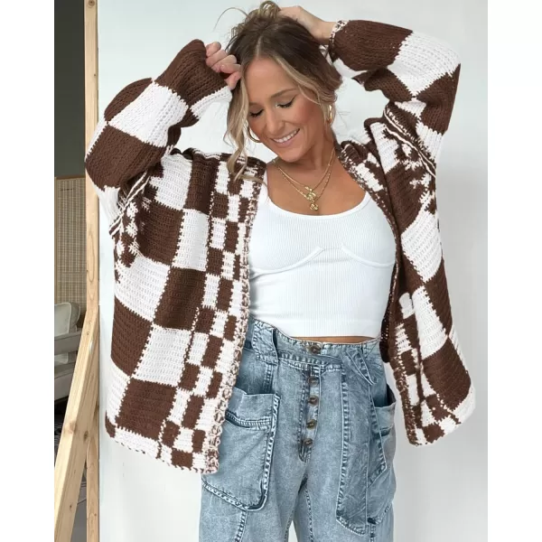 BTFBM Casual Womens Open Front Long Sleeve Chunky Knit Cardigan Sweater Checkered Knit Cardigan Sweaters CoatBrown