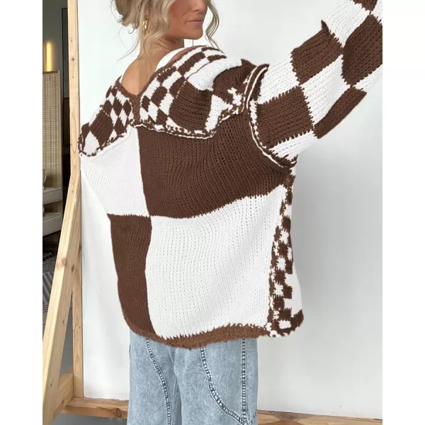 BTFBM Casual Womens Open Front Long Sleeve Chunky Knit Cardigan Sweater Checkered Knit Cardigan Sweaters CoatBrown