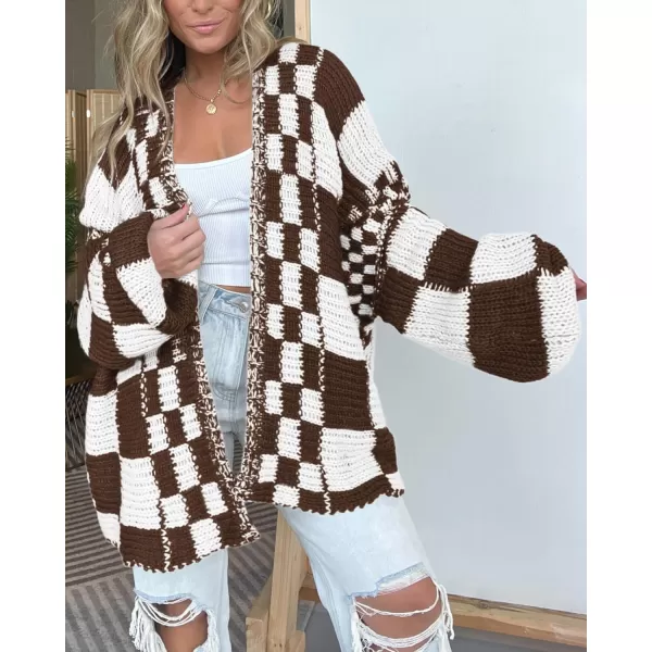 BTFBM Casual Womens Open Front Long Sleeve Chunky Knit Cardigan Sweater Checkered Knit Cardigan Sweaters CoatBrown