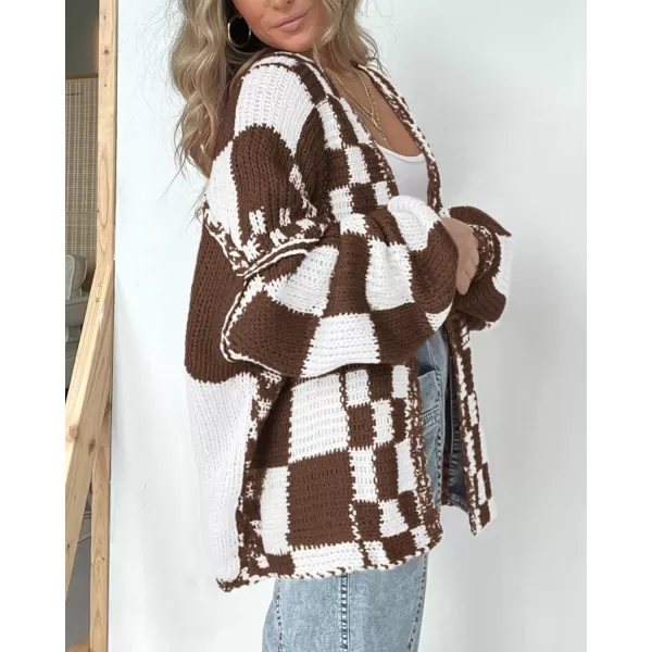 BTFBM Casual Womens Open Front Long Sleeve Chunky Knit Cardigan Sweater Checkered Knit Cardigan Sweaters CoatBrown