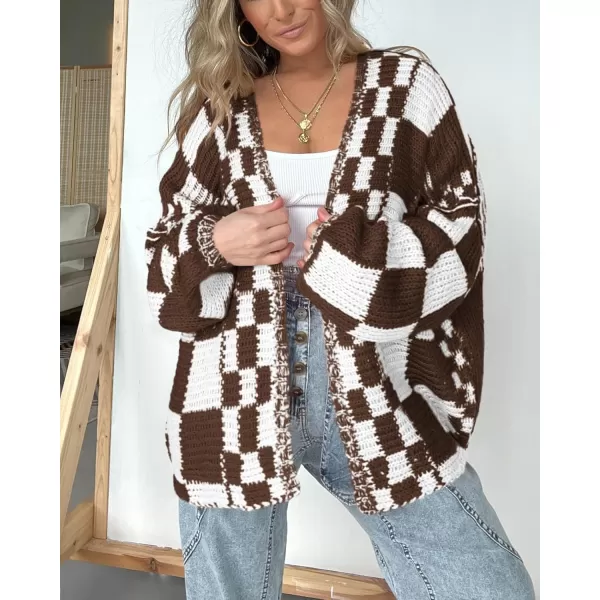 BTFBM Casual Womens Open Front Long Sleeve Chunky Knit Cardigan Sweater Checkered Knit Cardigan Sweaters CoatBrown