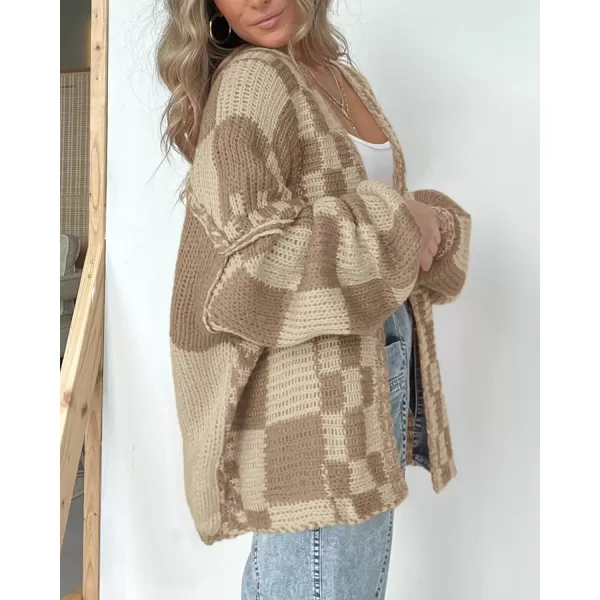 BTFBM Casual Womens Open Front Long Sleeve Chunky Knit Cardigan Sweater Checkered Knit Cardigan Sweaters CoatKhaki