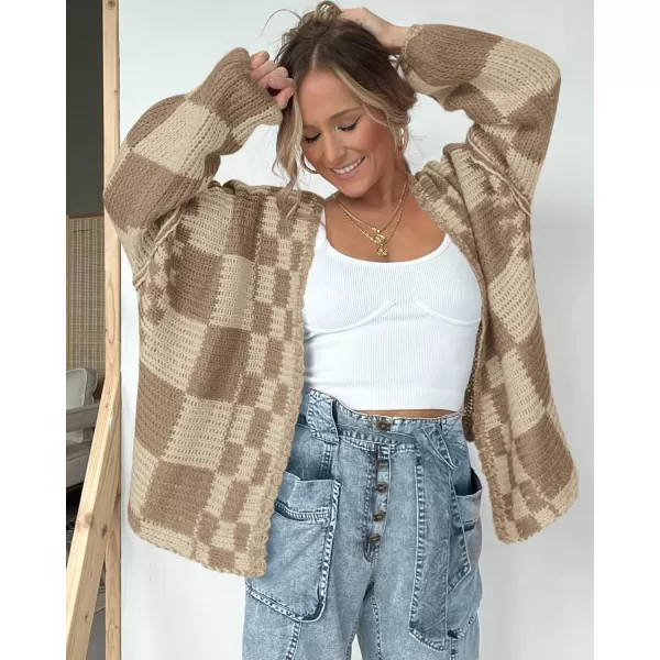 BTFBM Casual Womens Open Front Long Sleeve Chunky Knit Cardigan Sweater Checkered Knit Cardigan Sweaters CoatKhaki