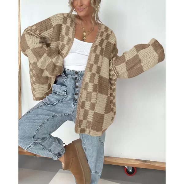 BTFBM Casual Womens Open Front Long Sleeve Chunky Knit Cardigan Sweater Checkered Knit Cardigan Sweaters CoatKhaki