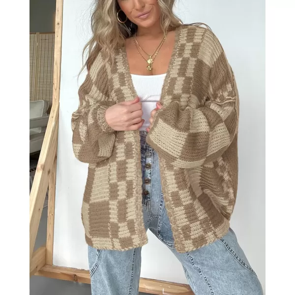 BTFBM Casual Womens Open Front Long Sleeve Chunky Knit Cardigan Sweater Checkered Knit Cardigan Sweaters CoatKhaki