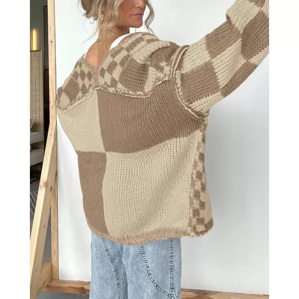 BTFBM Casual Womens Open Front Long Sleeve Chunky Knit Cardigan Sweater Checkered Knit Cardigan Sweaters CoatKhaki