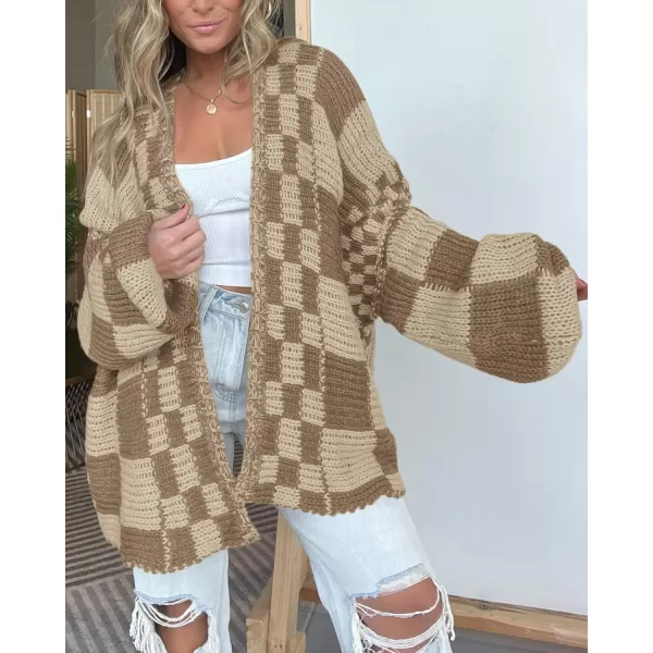 BTFBM Casual Womens Open Front Long Sleeve Chunky Knit Cardigan Sweater Checkered Knit Cardigan Sweaters CoatKhaki