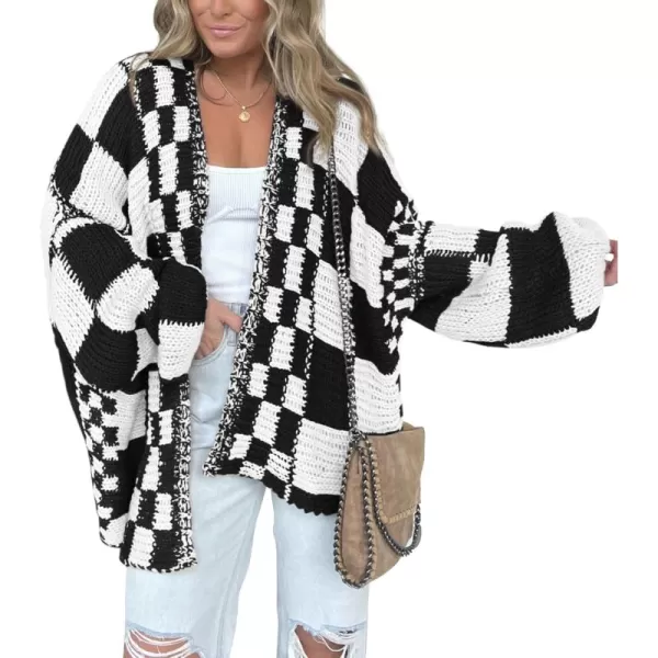 BTFBM Casual Womens Open Front Long Sleeve Chunky Knit Cardigan Sweater Checkered Knit Cardigan Sweaters CoatBlack