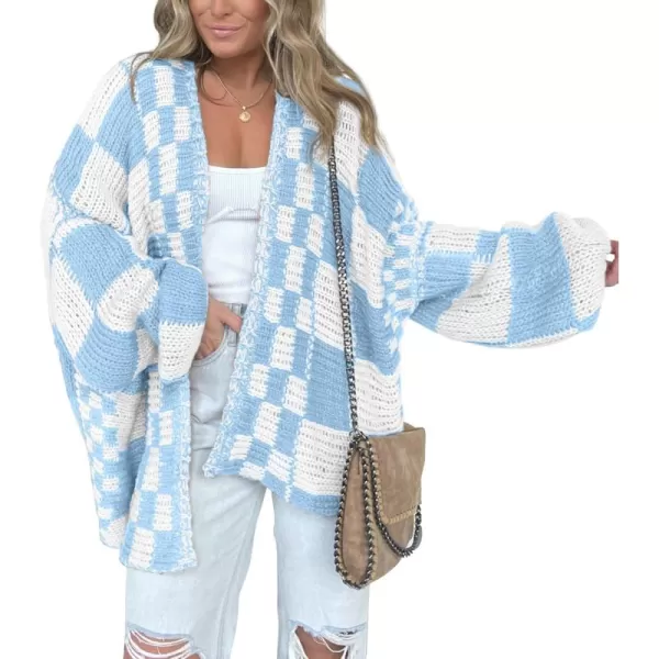 BTFBM Casual Womens Open Front Long Sleeve Chunky Knit Cardigan Sweater Checkered Knit Cardigan Sweaters CoatBlue