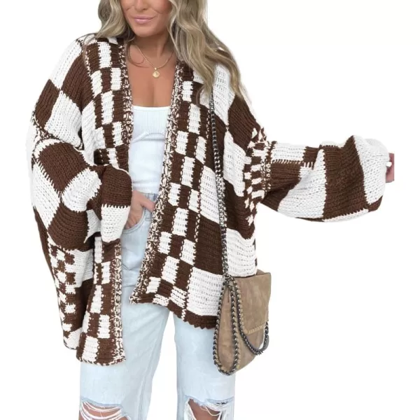 BTFBM Casual Womens Open Front Long Sleeve Chunky Knit Cardigan Sweater Checkered Knit Cardigan Sweaters CoatBrown