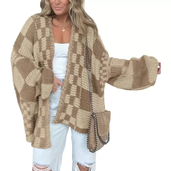 BTFBM Casual Womens Open Front Long Sleeve Chunky Knit Cardigan Sweater Checkered Knit Cardigan Sweaters CoatKhaki
