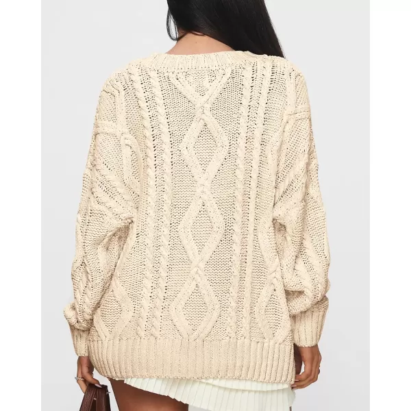 BTFBM Casual Women Long Sleeve Sweater 2024 Fall Ribbed Knit Pullover Loose Crewneck Cable Sweater Jumper TopsSolid Apricot