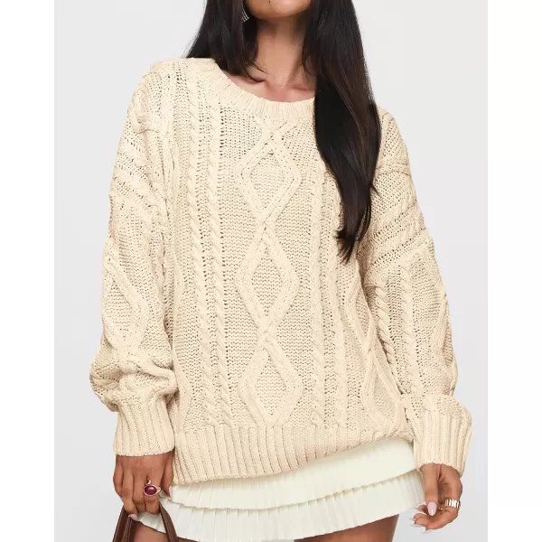 BTFBM Casual Women Long Sleeve Sweater 2024 Fall Ribbed Knit Pullover Loose Crewneck Cable Sweater Jumper TopsSolid Apricot