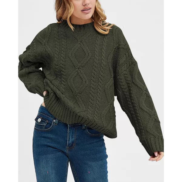 BTFBM Casual Women Long Sleeve Sweater 2024 Fall Ribbed Knit Pullover Loose Crewneck Cable Sweater Jumper TopsSolid Army Green
