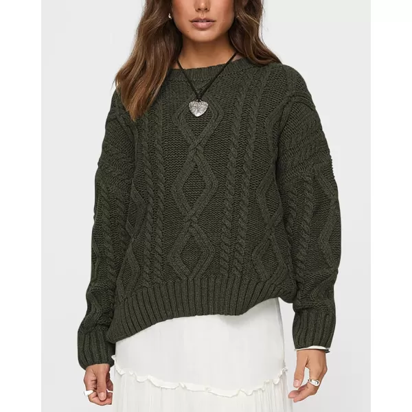 BTFBM Casual Women Long Sleeve Sweater 2024 Fall Ribbed Knit Pullover Loose Crewneck Cable Sweater Jumper TopsSolid Army Green
