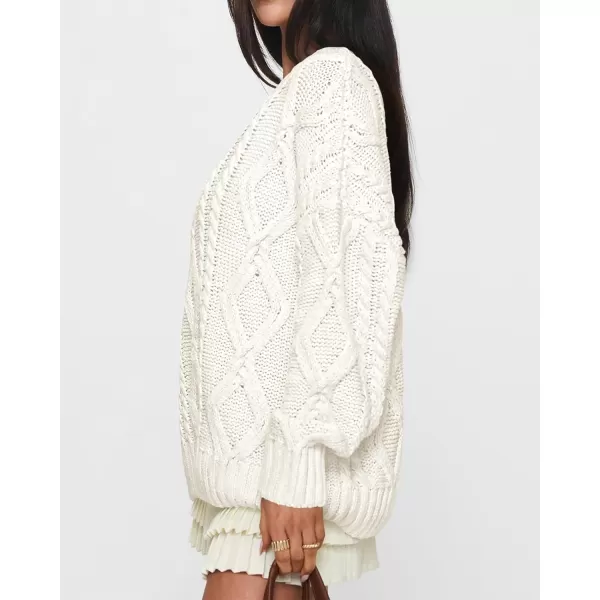 BTFBM Casual Women Long Sleeve Sweater 2024 Fall Ribbed Knit Pullover Loose Crewneck Cable Sweater Jumper TopsSolid Beige White