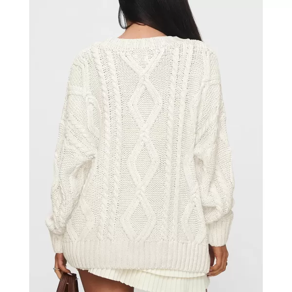 BTFBM Casual Women Long Sleeve Sweater 2024 Fall Ribbed Knit Pullover Loose Crewneck Cable Sweater Jumper TopsSolid Beige White