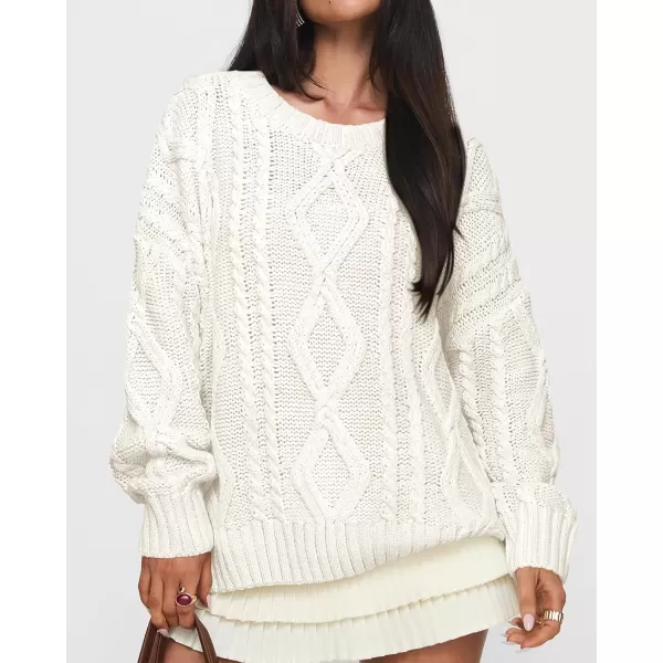 BTFBM Casual Women Long Sleeve Sweater 2024 Fall Ribbed Knit Pullover Loose Crewneck Cable Sweater Jumper TopsSolid Beige White