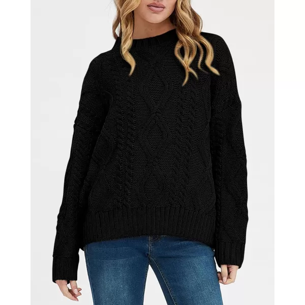 BTFBM Casual Women Long Sleeve Sweater 2024 Fall Ribbed Knit Pullover Loose Crewneck Cable Sweater Jumper TopsSolid Black