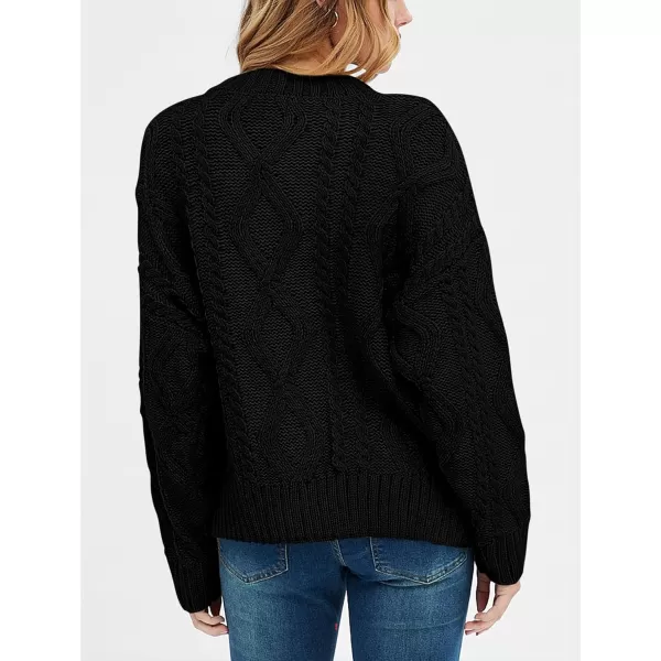 BTFBM Casual Women Long Sleeve Sweater 2024 Fall Ribbed Knit Pullover Loose Crewneck Cable Sweater Jumper TopsSolid Black