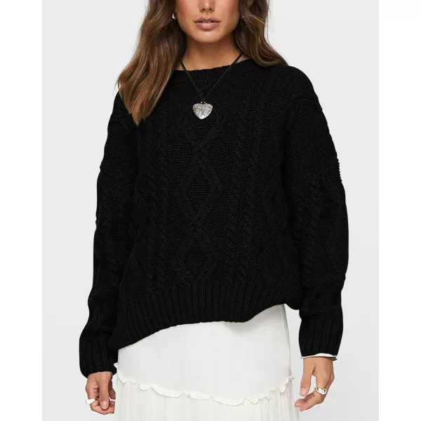 BTFBM Casual Women Long Sleeve Sweater 2024 Fall Ribbed Knit Pullover Loose Crewneck Cable Sweater Jumper TopsSolid Black