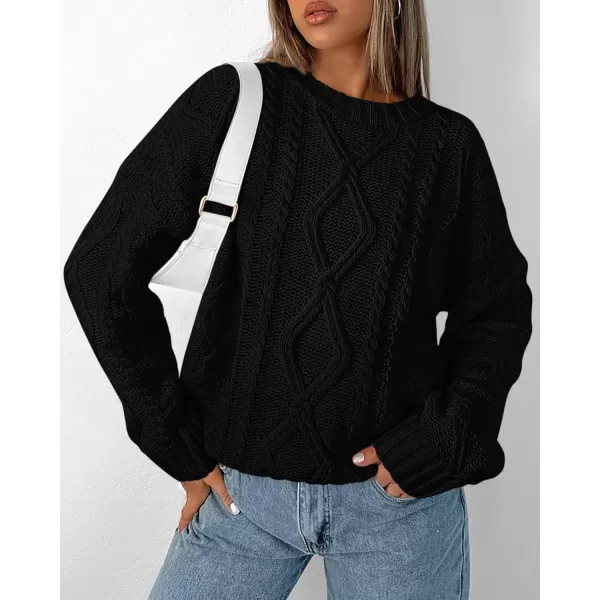 BTFBM Casual Women Long Sleeve Sweater 2024 Fall Ribbed Knit Pullover Loose Crewneck Cable Sweater Jumper TopsSolid Black