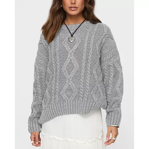 BTFBM Casual Women Long Sleeve Sweater 2024 Fall Ribbed Knit Pullover Loose Crewneck Cable Sweater Jumper TopsSolid Grey