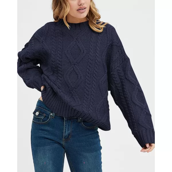 BTFBM Casual Women Long Sleeve Sweater 2024 Fall Ribbed Knit Pullover Loose Crewneck Cable Sweater Jumper TopsSolid Navy