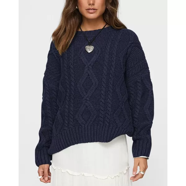 BTFBM Casual Women Long Sleeve Sweater 2024 Fall Ribbed Knit Pullover Loose Crewneck Cable Sweater Jumper TopsSolid Navy