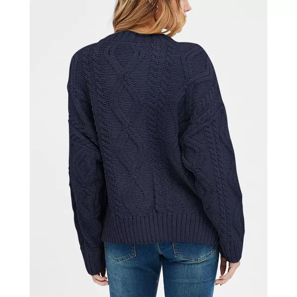BTFBM Casual Women Long Sleeve Sweater 2024 Fall Ribbed Knit Pullover Loose Crewneck Cable Sweater Jumper TopsSolid Navy