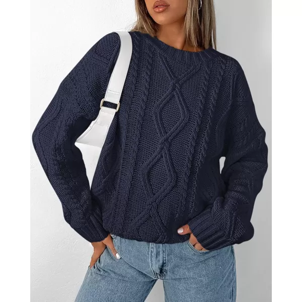 BTFBM Casual Women Long Sleeve Sweater 2024 Fall Ribbed Knit Pullover Loose Crewneck Cable Sweater Jumper TopsSolid Navy