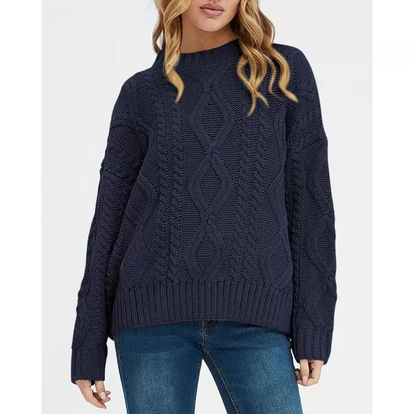 BTFBM Casual Women Long Sleeve Sweater 2024 Fall Ribbed Knit Pullover Loose Crewneck Cable Sweater Jumper TopsSolid Navy