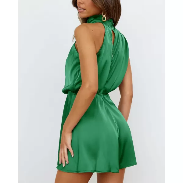 BTFBM Womens Mock Neck Summer Romper 2024 Satin Sleeveless Elastic Waist Casual Beach Party One Piece Shorts JumpsuitsSolid Green