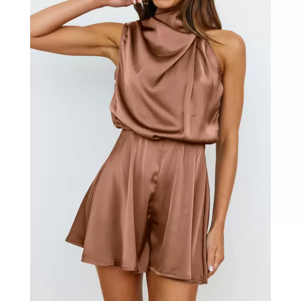 BTFBM Womens Mock Neck Summer Romper 2024 Satin Sleeveless Elastic Waist Casual Beach Party One Piece Shorts JumpsuitsSolid Khaki