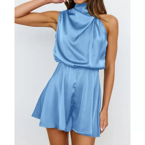 BTFBM Womens Mock Neck Summer Romper 2024 Satin Sleeveless Elastic Waist Casual Beach Party One Piece Shorts JumpsuitsSolid Light Blue