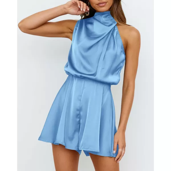 BTFBM Womens Mock Neck Summer Romper 2024 Satin Sleeveless Elastic Waist Casual Beach Party One Piece Shorts JumpsuitsSolid Light Blue