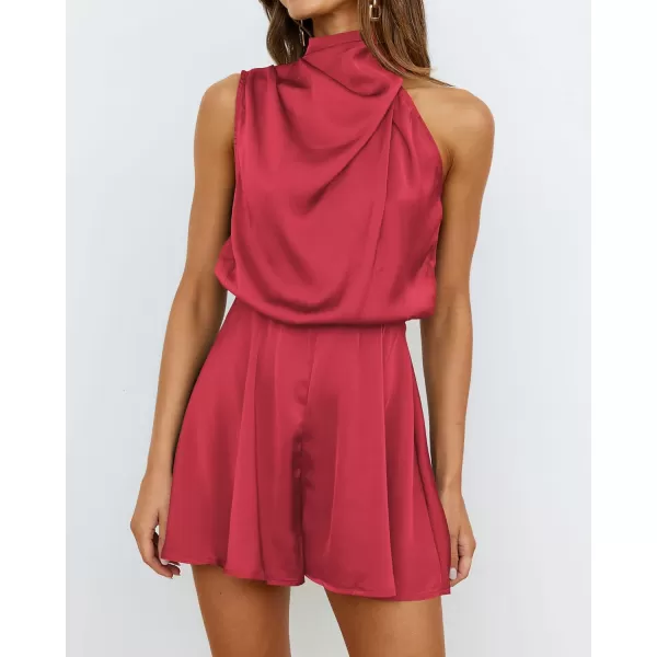 BTFBM Womens Mock Neck Summer Romper 2024 Satin Sleeveless Elastic Waist Casual Beach Party One Piece Shorts JumpsuitsSolid Red
