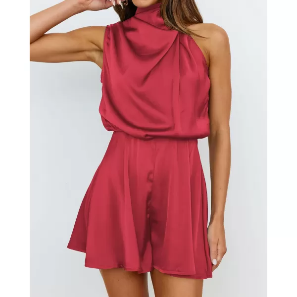 BTFBM Womens Mock Neck Summer Romper 2024 Satin Sleeveless Elastic Waist Casual Beach Party One Piece Shorts JumpsuitsSolid Red