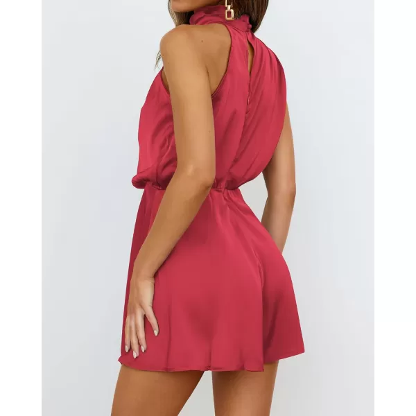 BTFBM Womens Mock Neck Summer Romper 2024 Satin Sleeveless Elastic Waist Casual Beach Party One Piece Shorts JumpsuitsSolid Red