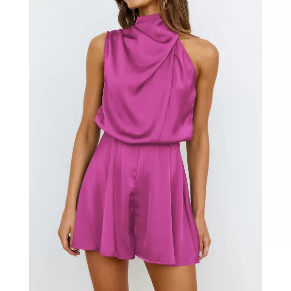 BTFBM Womens Mock Neck Summer Romper 2024 Satin Sleeveless Elastic Waist Casual Beach Party One Piece Shorts JumpsuitsSolid Rose Red