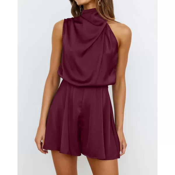 BTFBM Womens Mock Neck Summer Romper 2024 Satin Sleeveless Elastic Waist Casual Beach Party One Piece Shorts JumpsuitsSolid Wine Red