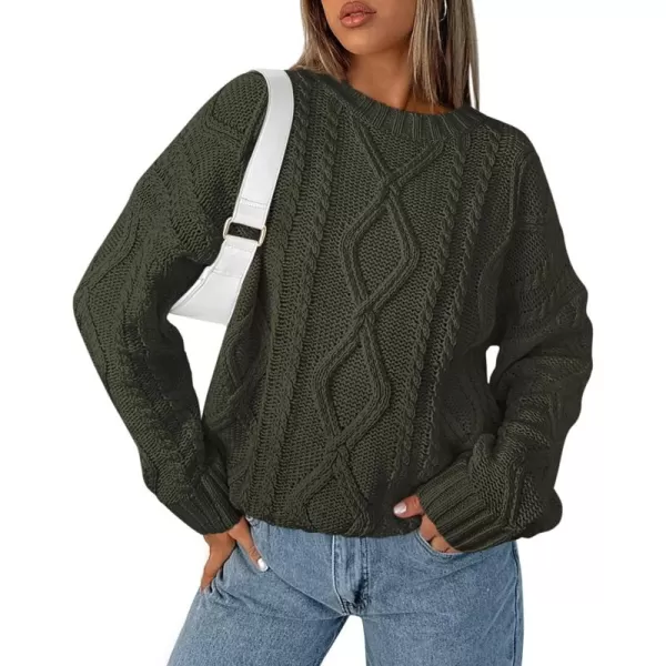 BTFBM Casual Women Long Sleeve Sweater 2024 Fall Ribbed Knit Pullover Loose Crewneck Cable Sweater Jumper TopsSolid Army Green
