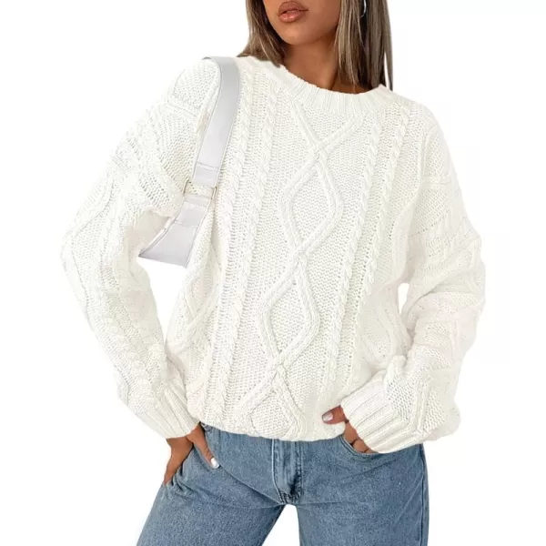 BTFBM Casual Women Long Sleeve Sweater 2024 Fall Ribbed Knit Pullover Loose Crewneck Cable Sweater Jumper TopsSolid Beige White
