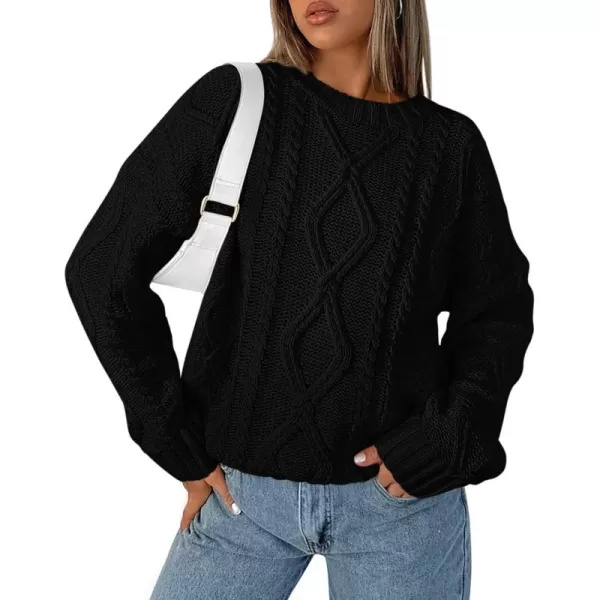 BTFBM Casual Women Long Sleeve Sweater 2024 Fall Ribbed Knit Pullover Loose Crewneck Cable Sweater Jumper TopsSolid Black