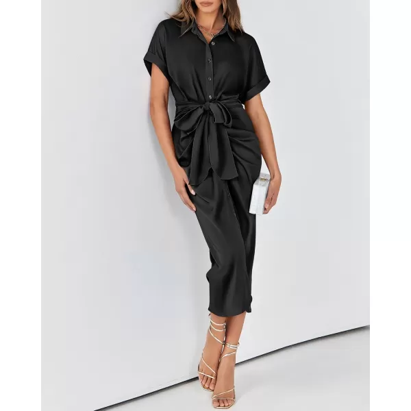 BTFBM 2024 Women Button Down Ruched Shirt Dresses Short Sleeve Lapel V Neck Elegant Party Spring Summer Maxi Satin DressShort Sleeve Black