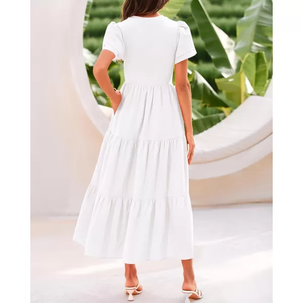 BTFBM 2024 Women Casual Summer Dresses Crewneck Flutter Short Sleeve Elastic Waist Flowy Aline Tiered Maxi Dress PocketsSolid Beige White