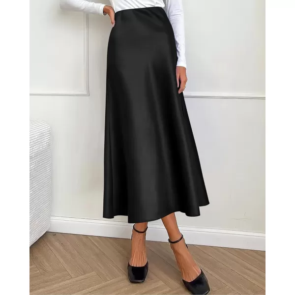 BTFBM 2024 Women Long Satin Summer Spring Skirt Silk Elegant High Waist Cocktail Party Wedding Flared ALine Midi SkirtsSolid Black