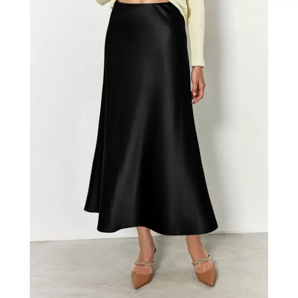BTFBM 2024 Women Long Satin Summer Spring Skirt Silk Elegant High Waist Cocktail Party Wedding Flared ALine Midi SkirtsSolid Black
